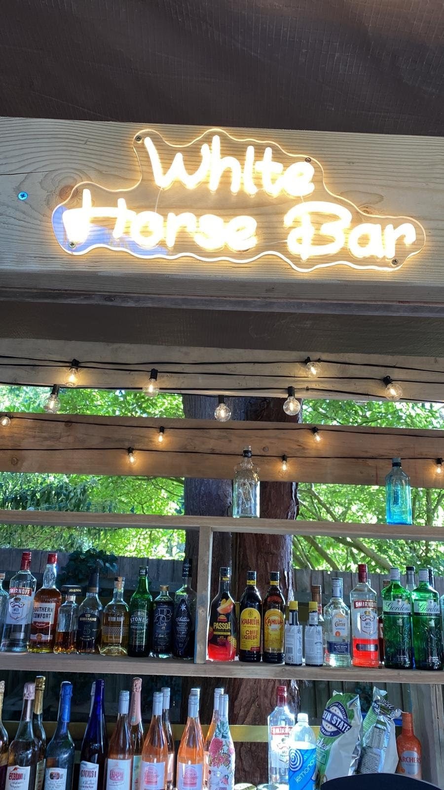 Illuminated 'White Horse Bar' neon-style sign above a Bar Buddy